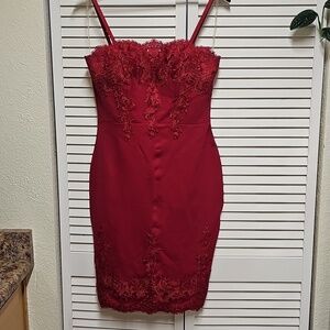 NWOT Haute Monde Red Floral Embroidered Lace Accent Dress Sz L Adjustable Straps